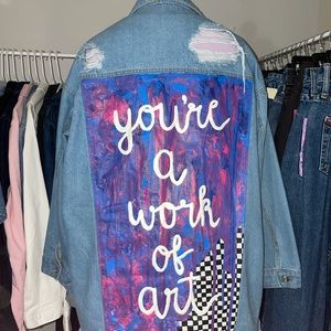 custom painted oversized denim jacket - you’re a work of art quote